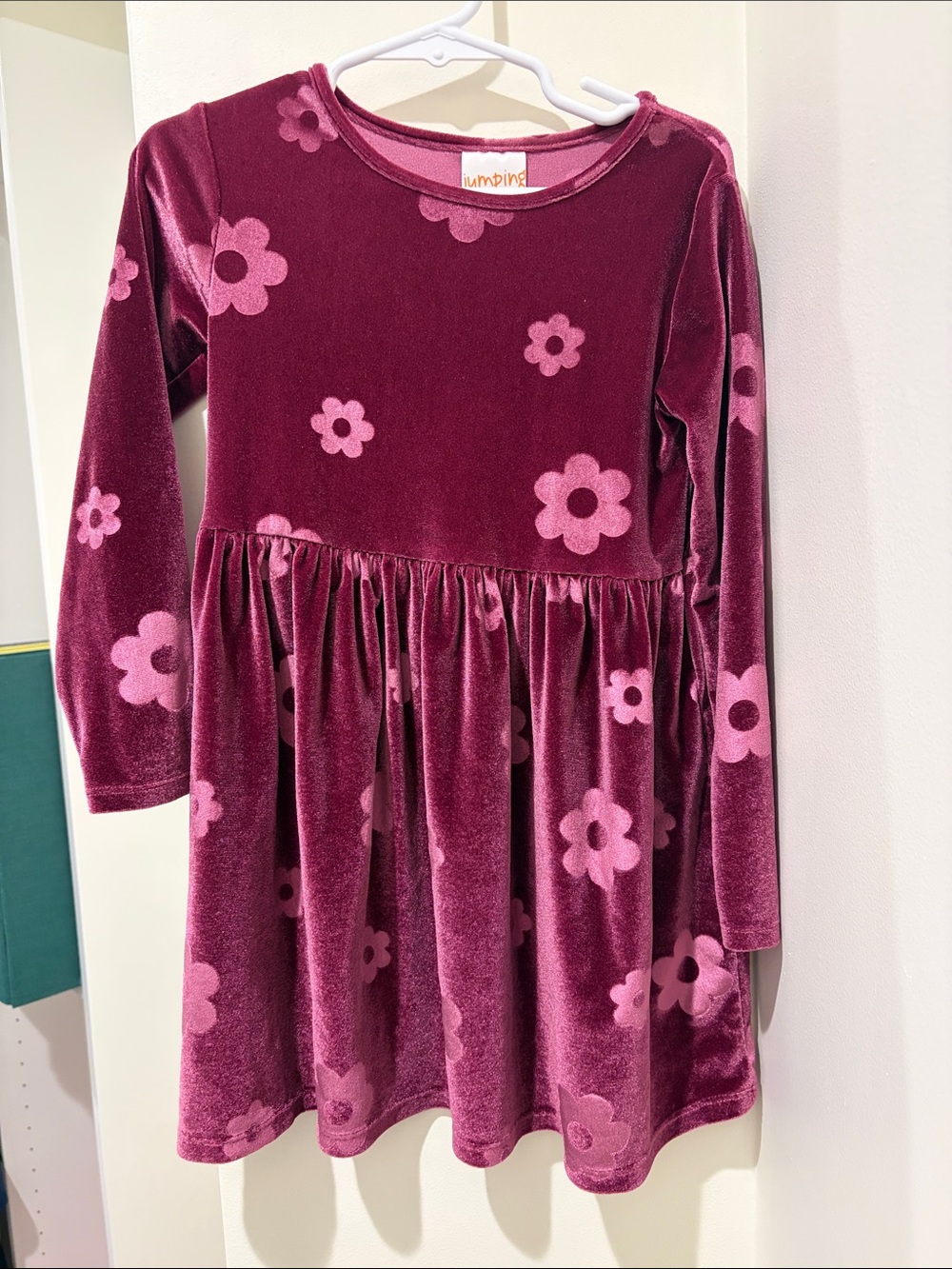 jumping beans Long Sleeve Velvet Dress with Subtle Pink Floral Accent